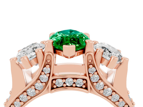 Rose gold Marquise Cut Emerald Three-Stone Ring with Channel Set Band and Four-Prong Setting_4