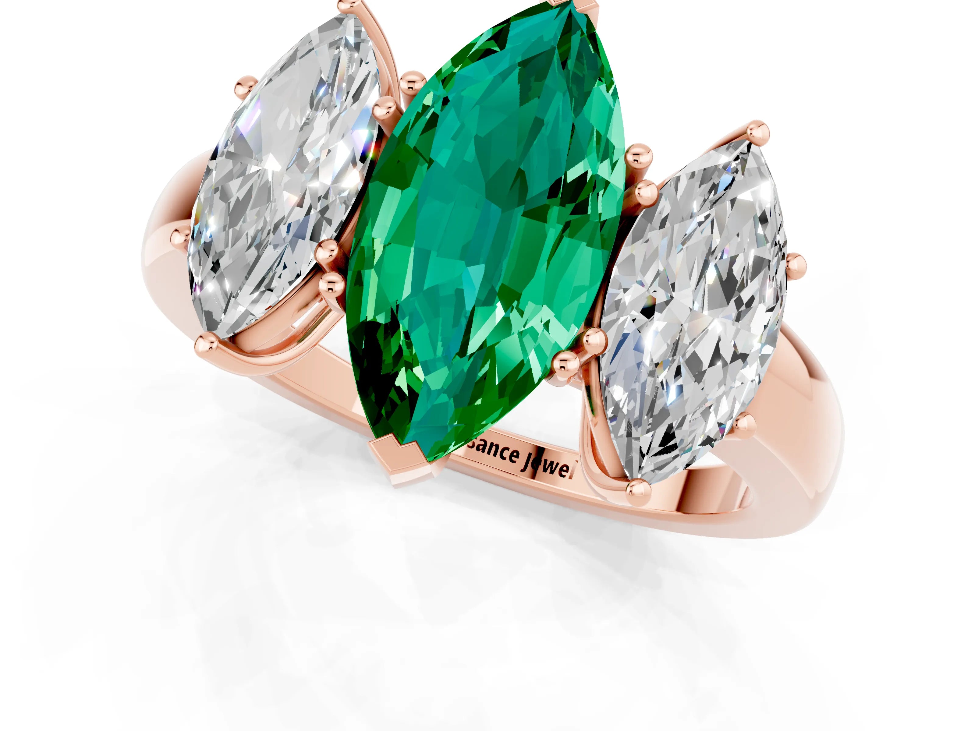 Rose gold Marquise Cut Emerald Three-Stone Ring with Four-Prong Setting and Classic Band_1