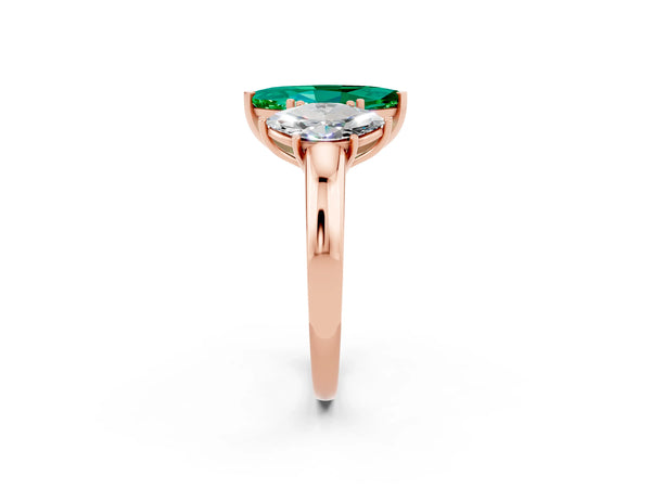 Rose gold Marquise Cut Emerald Three-Stone Ring with Four-Prong Setting and Classic Band