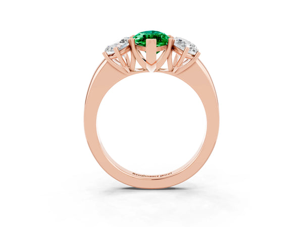 Rose gold Marquise Cut Emerald Three-Stone Ring with Four-Prong Setting and Classic Band