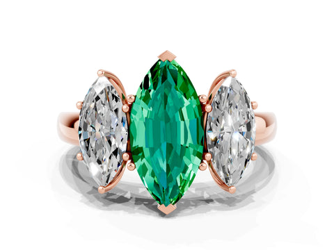 Rose gold Marquise Cut Emerald Three-Stone Ring with Four-Prong Setting and Classic Band