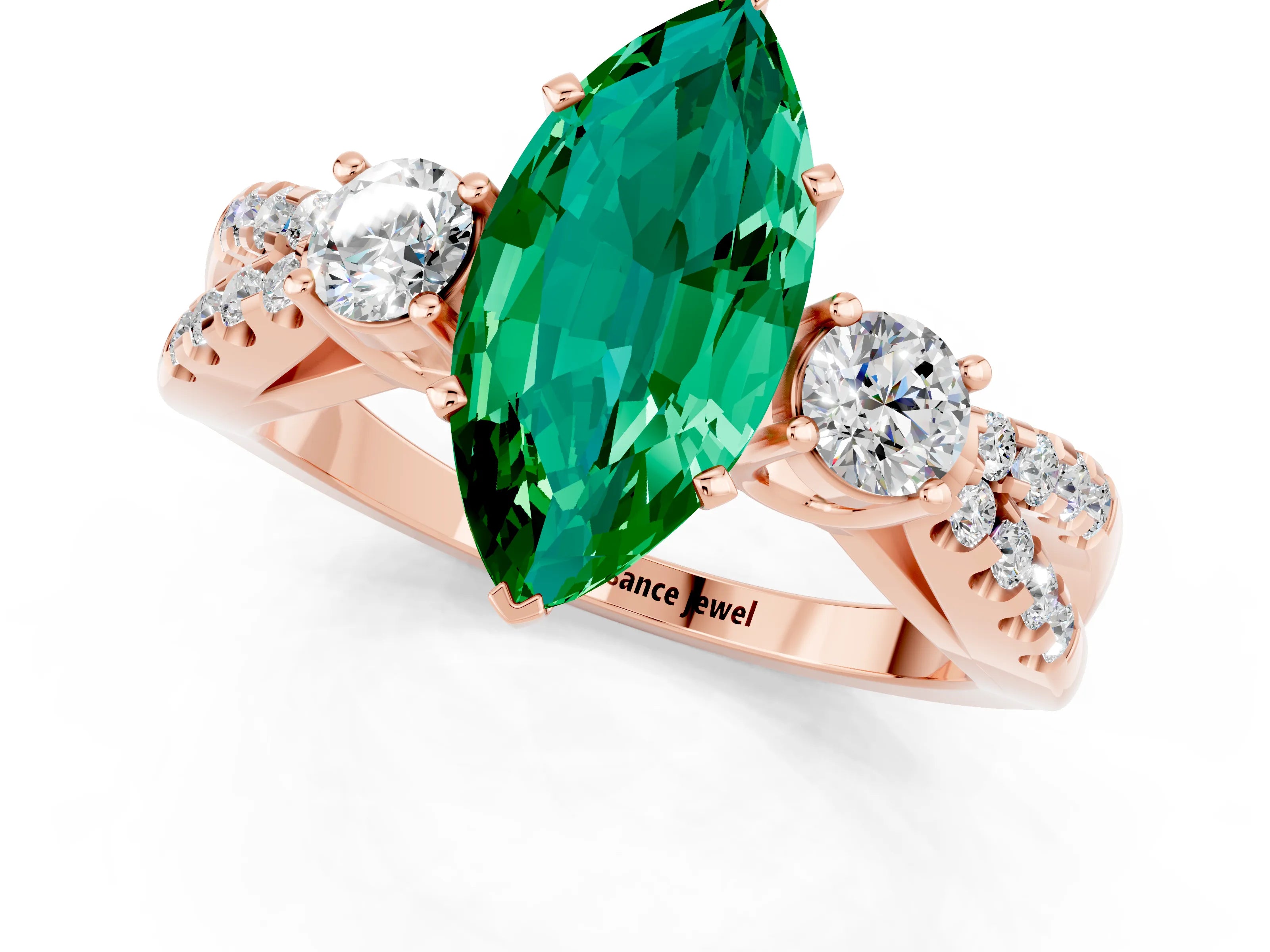 Rose gold Marquise Cut Emerald Three-Stone Ring with Pavé Split Shank and Four-Prong Setting_13
