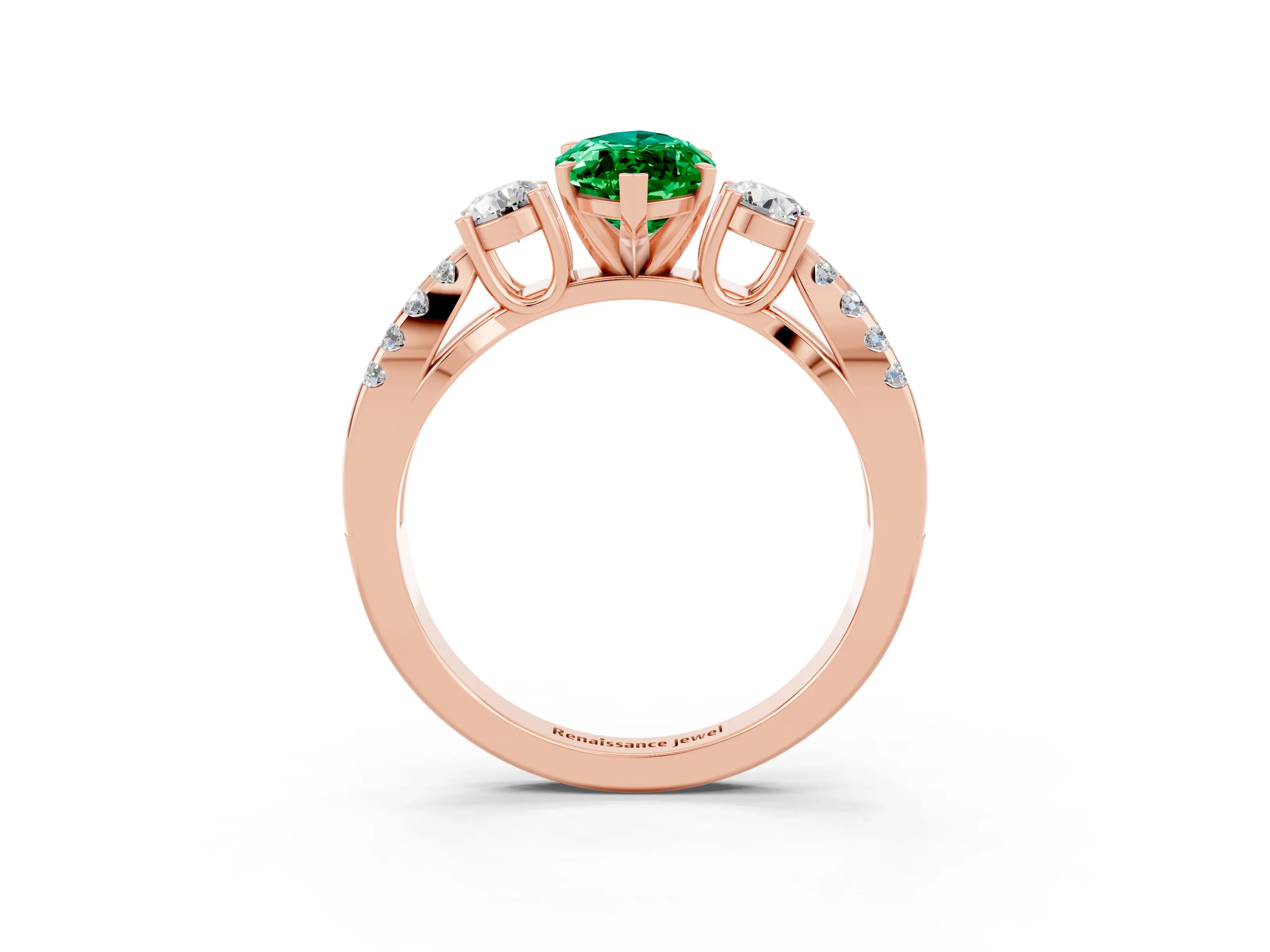 Rose gold Marquise Cut Emerald Three-Stone Ring with Pavé Split Shank and Four-Prong Setting_15