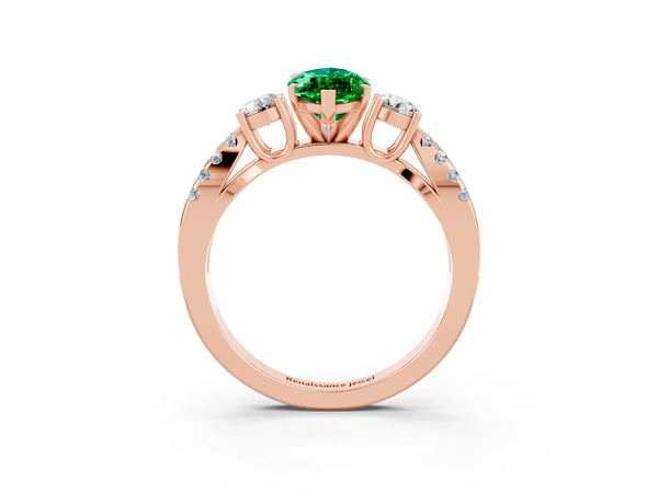 Rose gold Marquise Cut Emerald Three-Stone Ring with Pavé Split Shank and Four-Prong Setting