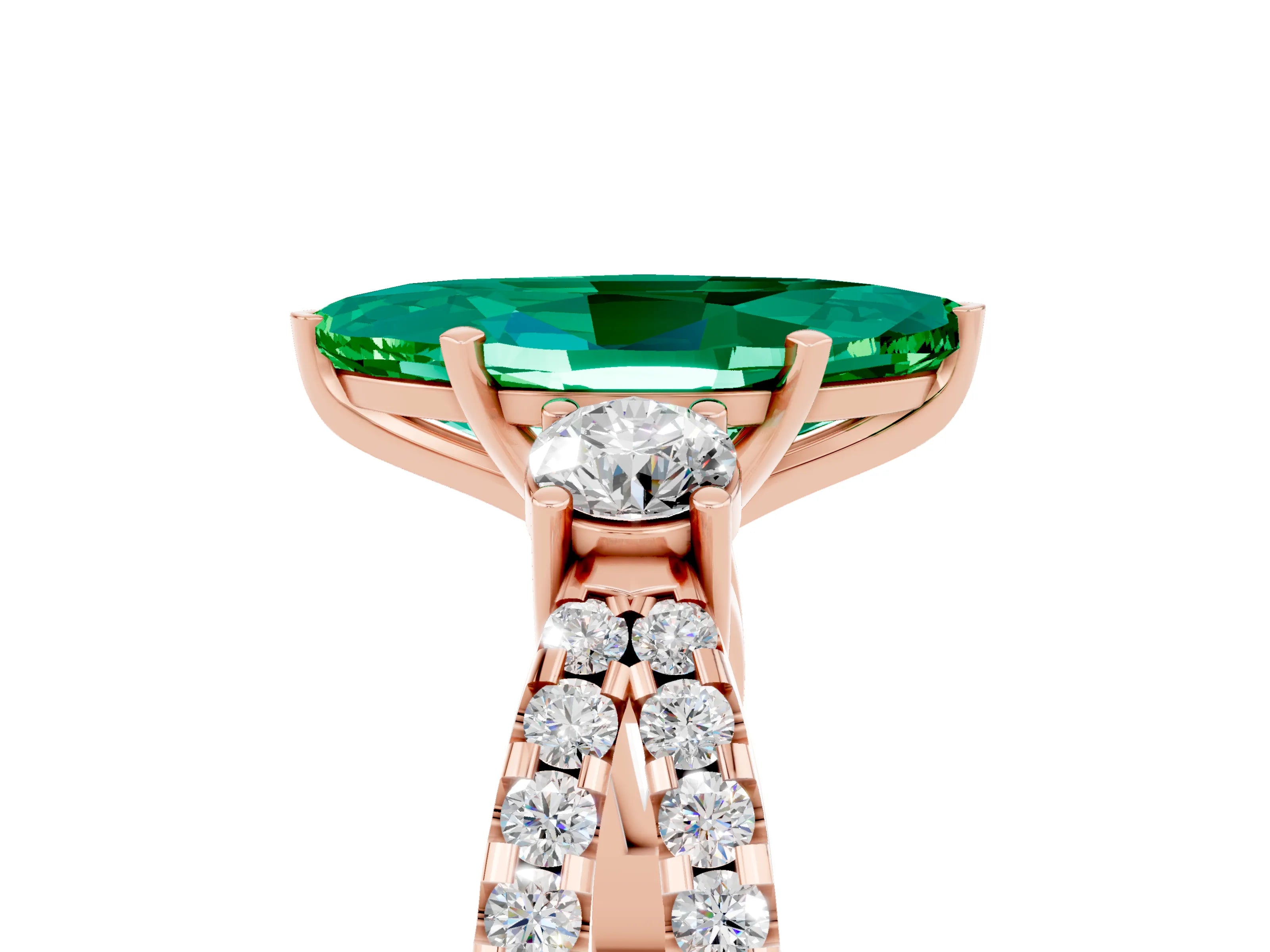 Rose gold Marquise Cut Emerald Three-Stone Ring with Pavé Split Shank and Four-Prong Setting_17