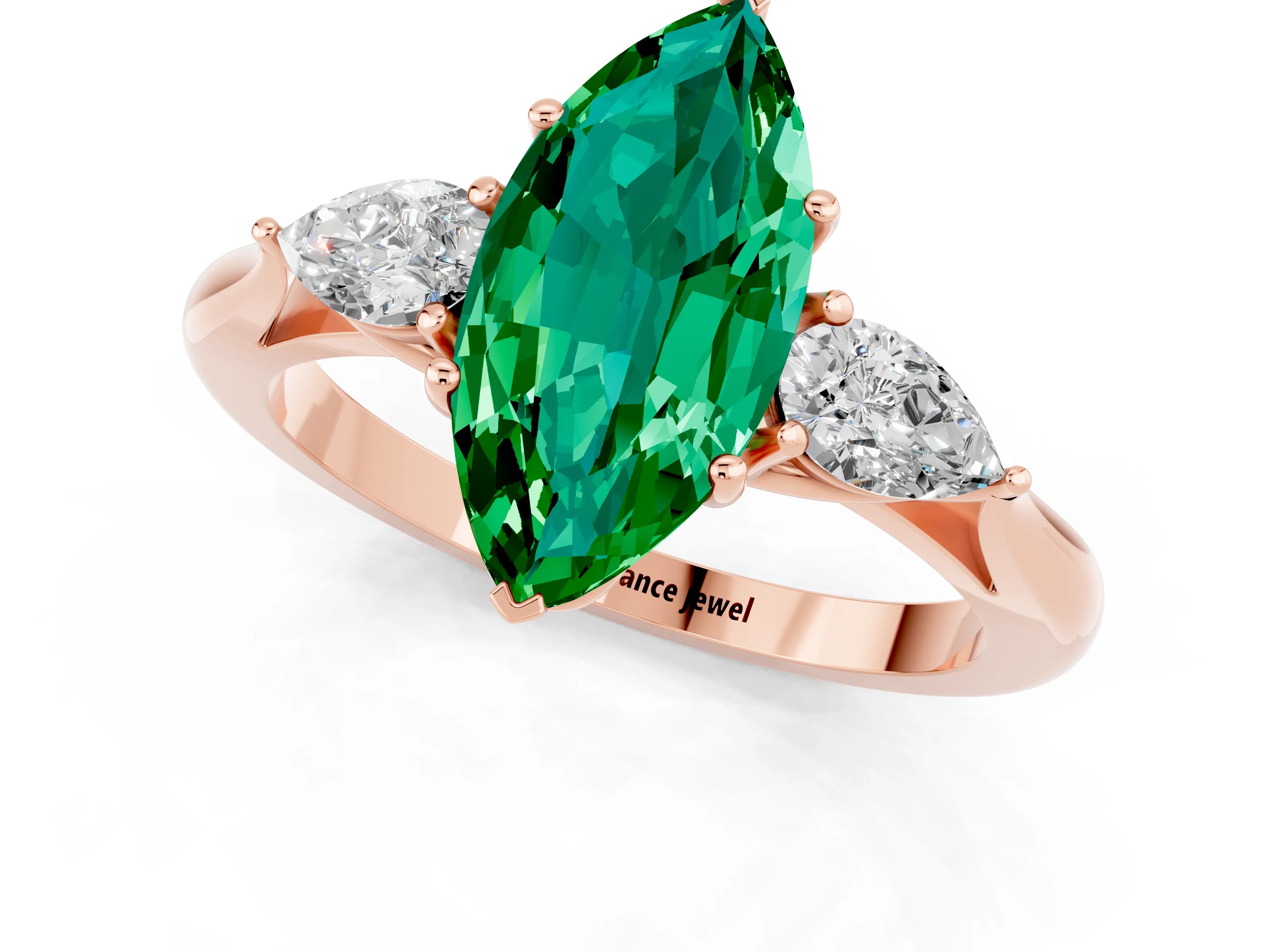 Rose gold Marquise Cut Emerald Three-Stone Ring with Pear Side Stones and Four-Prong Setting_13