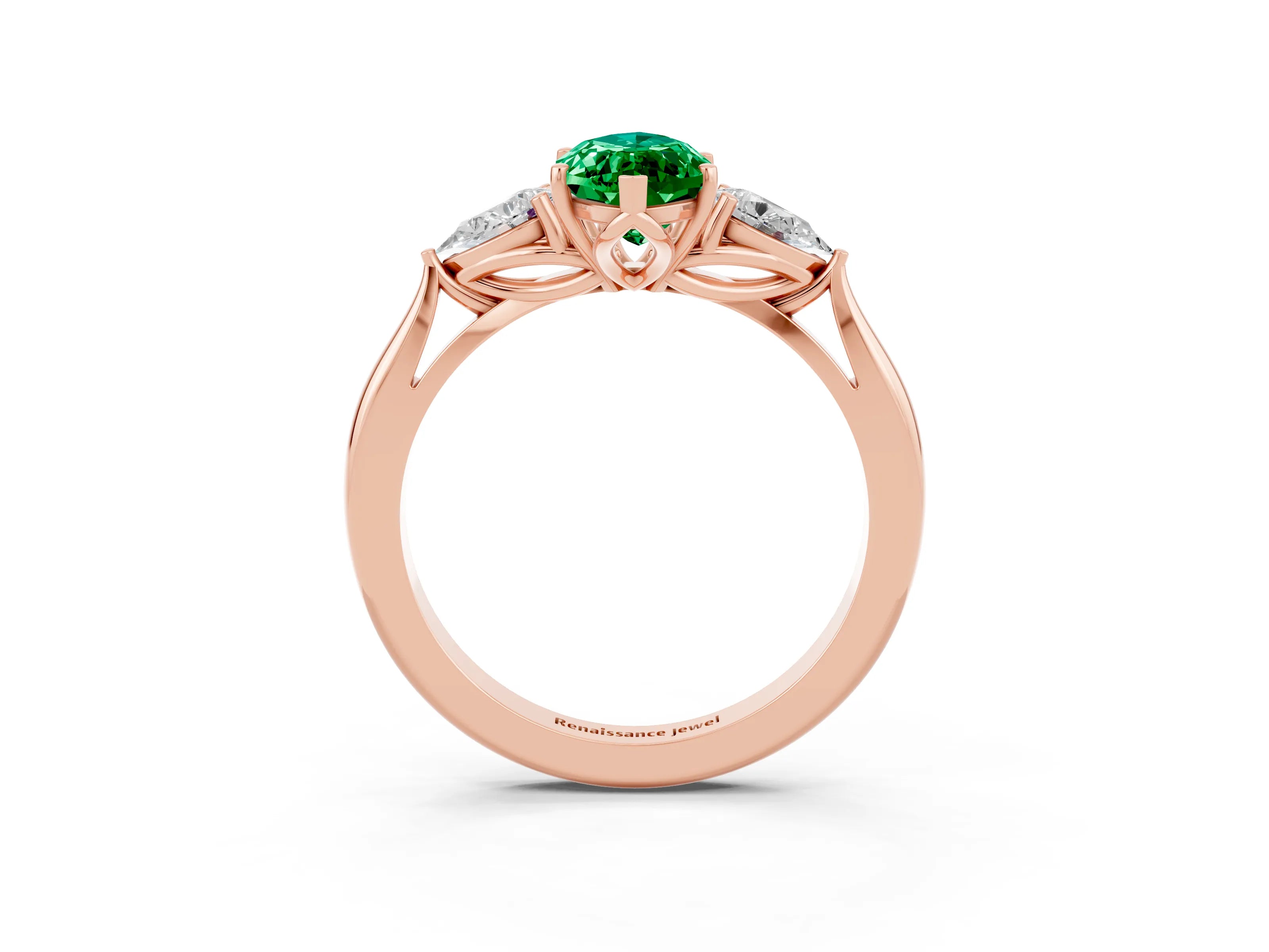 Rose gold Marquise Cut Emerald Three-Stone Ring with Pear Side Stones and Four-Prong Setting_15