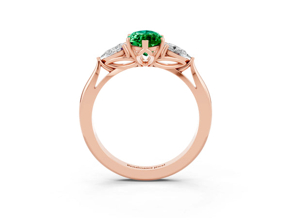 Rose gold Marquise Cut Emerald Three-Stone Ring with Pear  Side Stones and Prong Setting