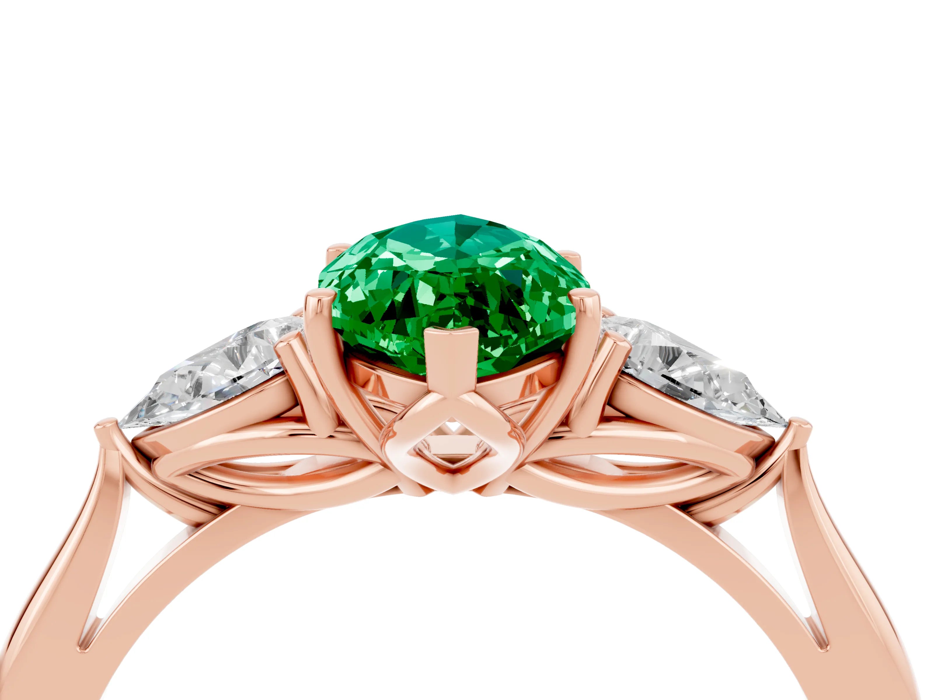 Rose gold Marquise Cut Emerald Three-Stone Ring with Pear Side Stones and Four-Prong Setting_16
