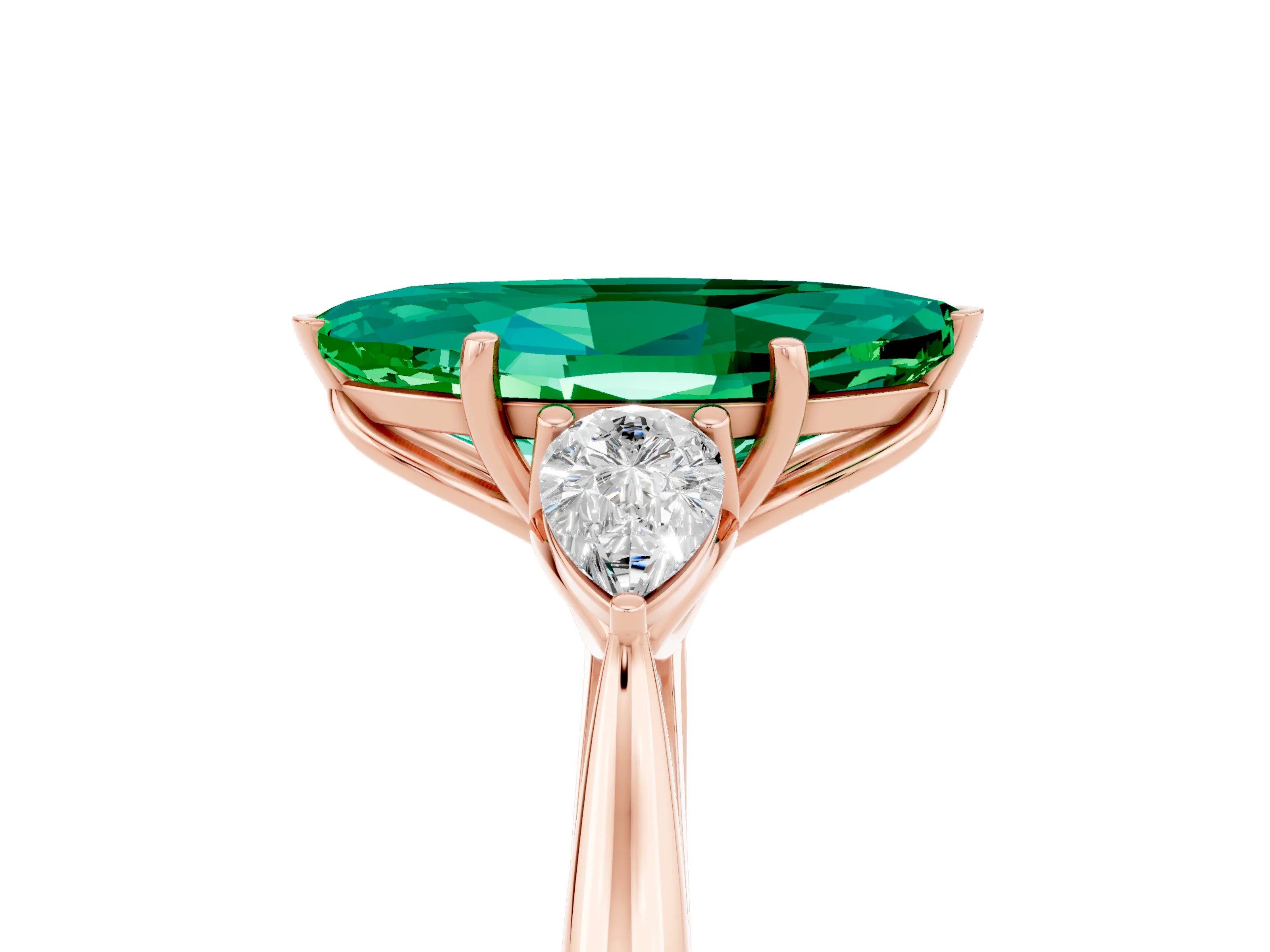 Rose gold Marquise Cut Emerald Three-Stone Ring with Pear Side Stones and Four-Prong Setting_17