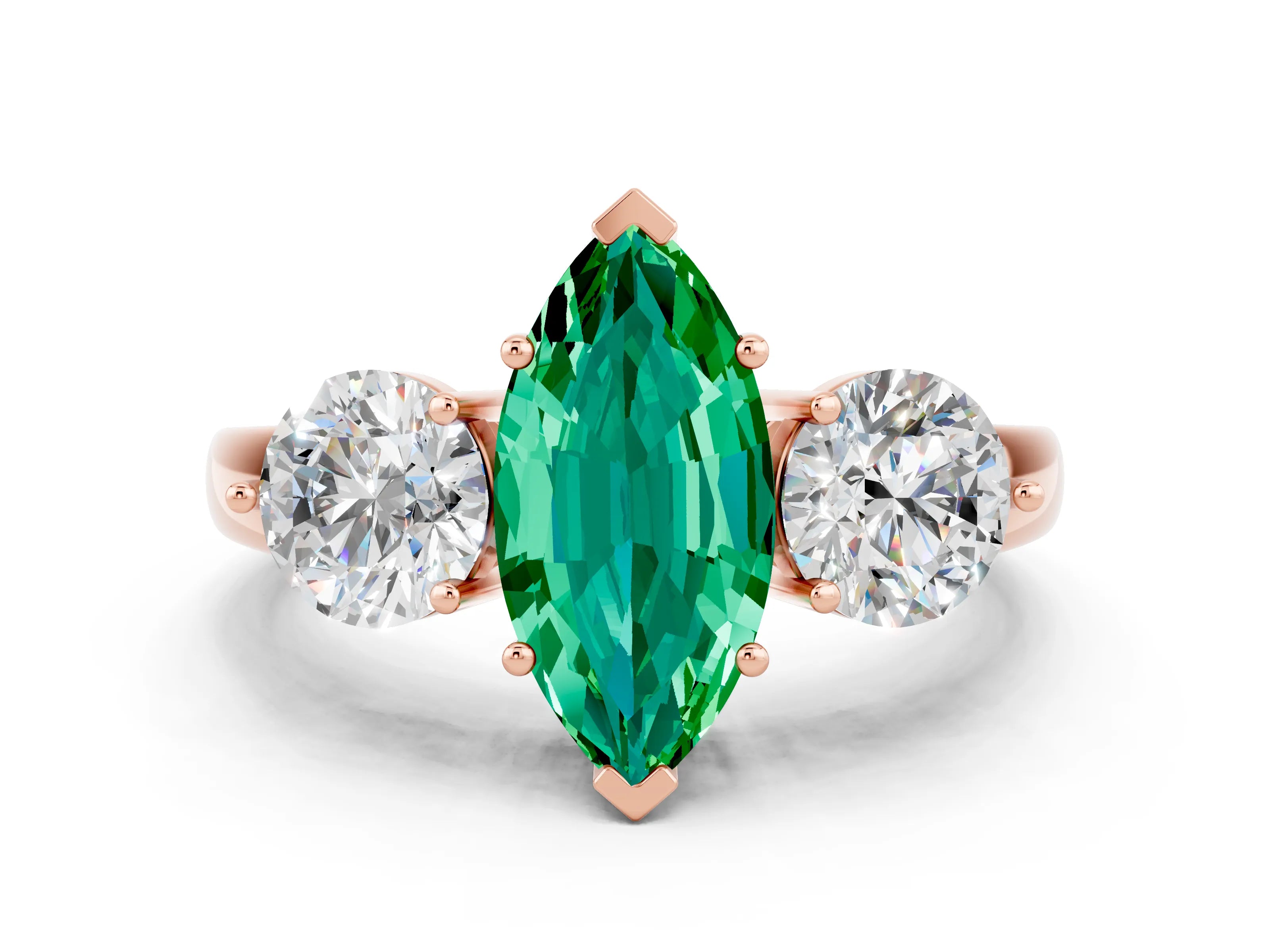 Rose gold Marquise Cut Emerald Three-Stone Ring with Prong Setting and Classic Band