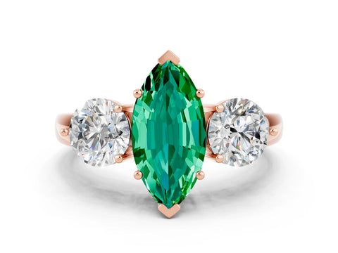 Rose gold Marquise Cut Emerald Three-Stone Ring with Prong Setting and Classic Band