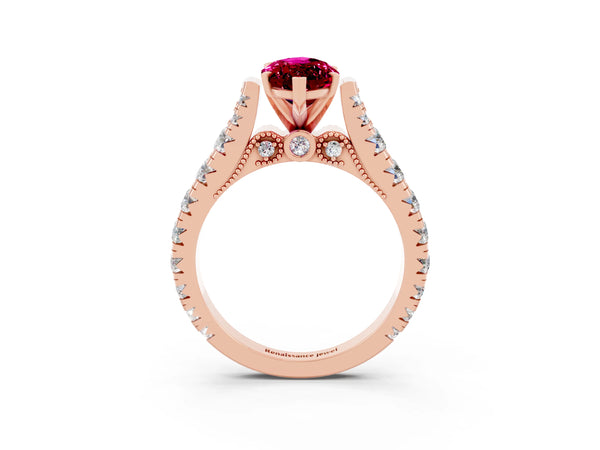 Rose gold Marquise Cut Garnet Classic Solitaire Ring with Pavé Band and Four-Prong Setting