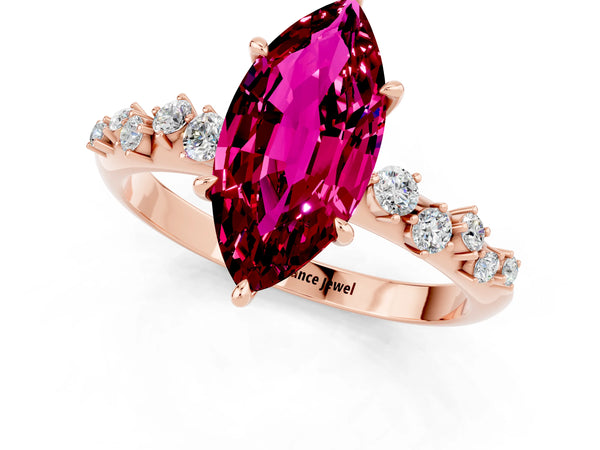 Rose gold Marquise Cut Garnet Cluster Side Stone Solitaire Ring with Prong Setting