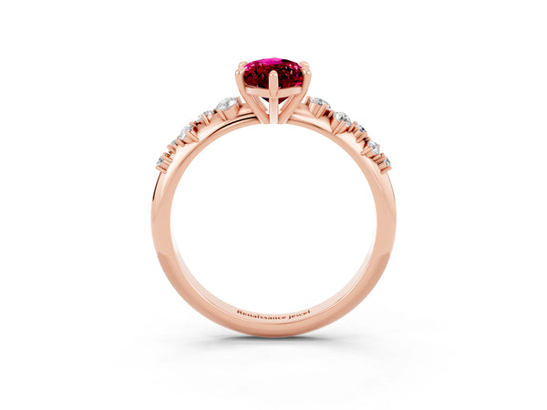 Rose gold Marquise Cut Garnet Cluster Side Stone Solitaire Ring with Prong Setting