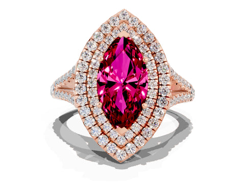 Rose gold Marquise Cut Garnet Double Halo Ring with Pavé Band and Prong Setting_12