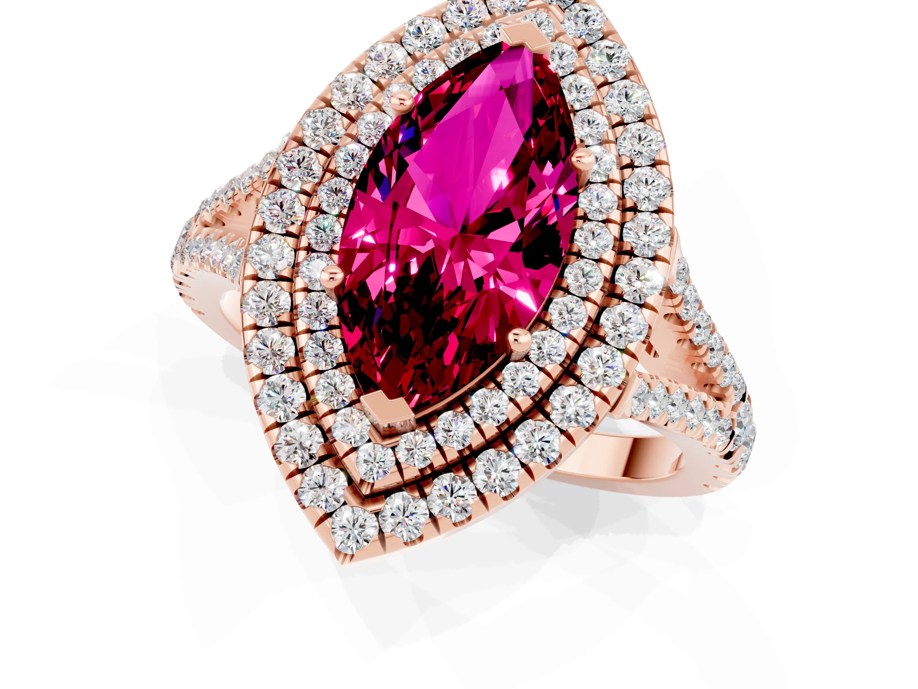Rose gold Marquise Cut Garnet Double Halo Ring with Pavé Band and Prong Setting_13