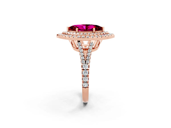 Rose gold Marquise Cut Garnet Double Halo Ring with Pavé Band and Prong Setting