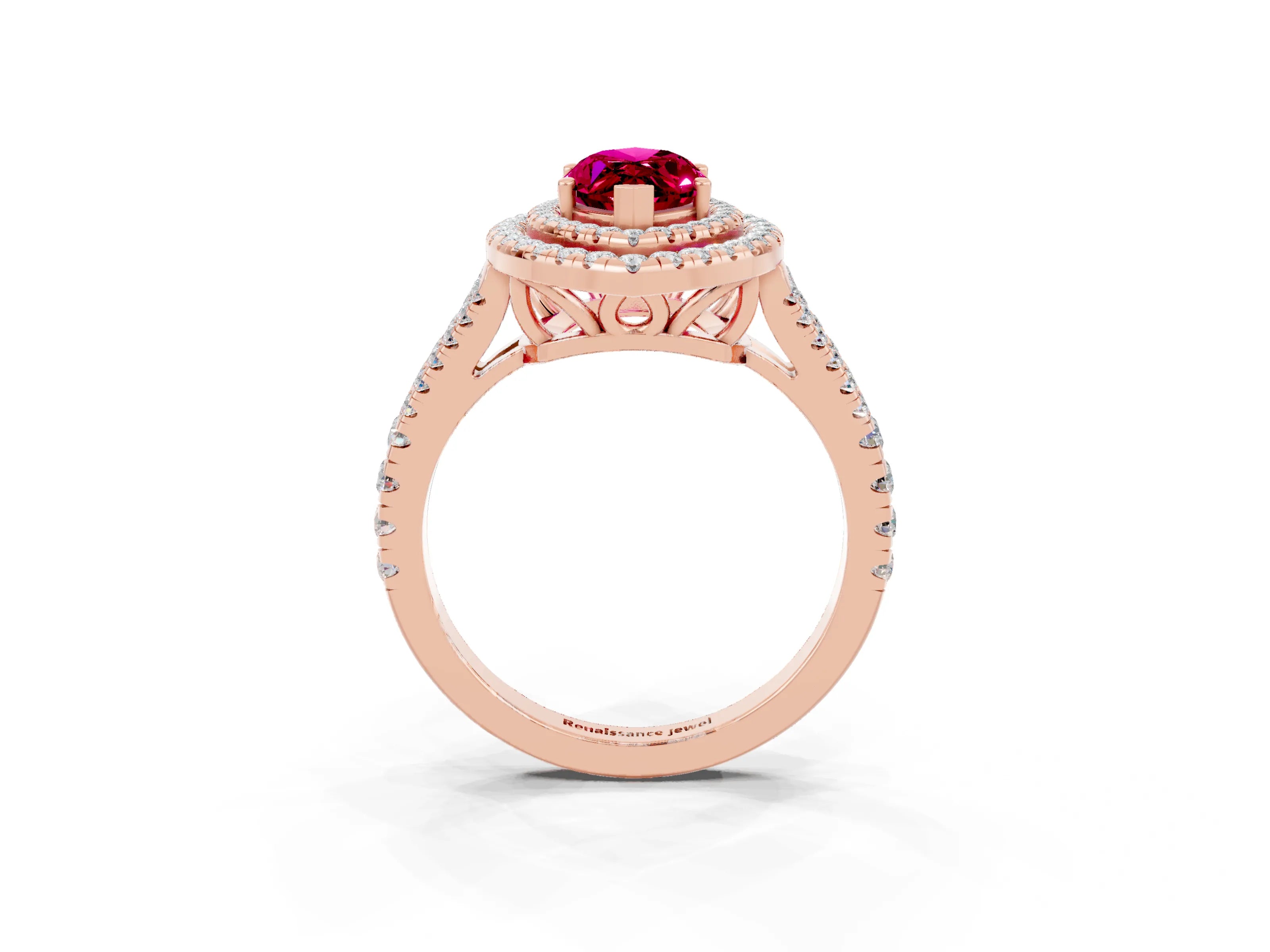 Rose gold Marquise Cut Garnet Double Halo Ring with Pavé Band and Prong Setting_15
