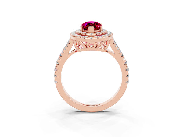 Rose gold Marquise Cut Garnet Double Halo Ring with Pavé Band and Prong Setting