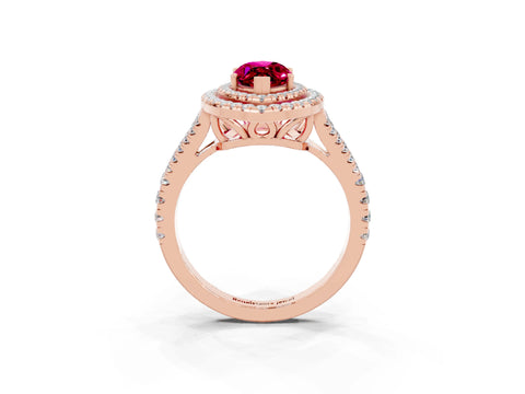 Rose gold Marquise Cut Garnet Double Halo Ring with Pavé Band and Prong Setting_15