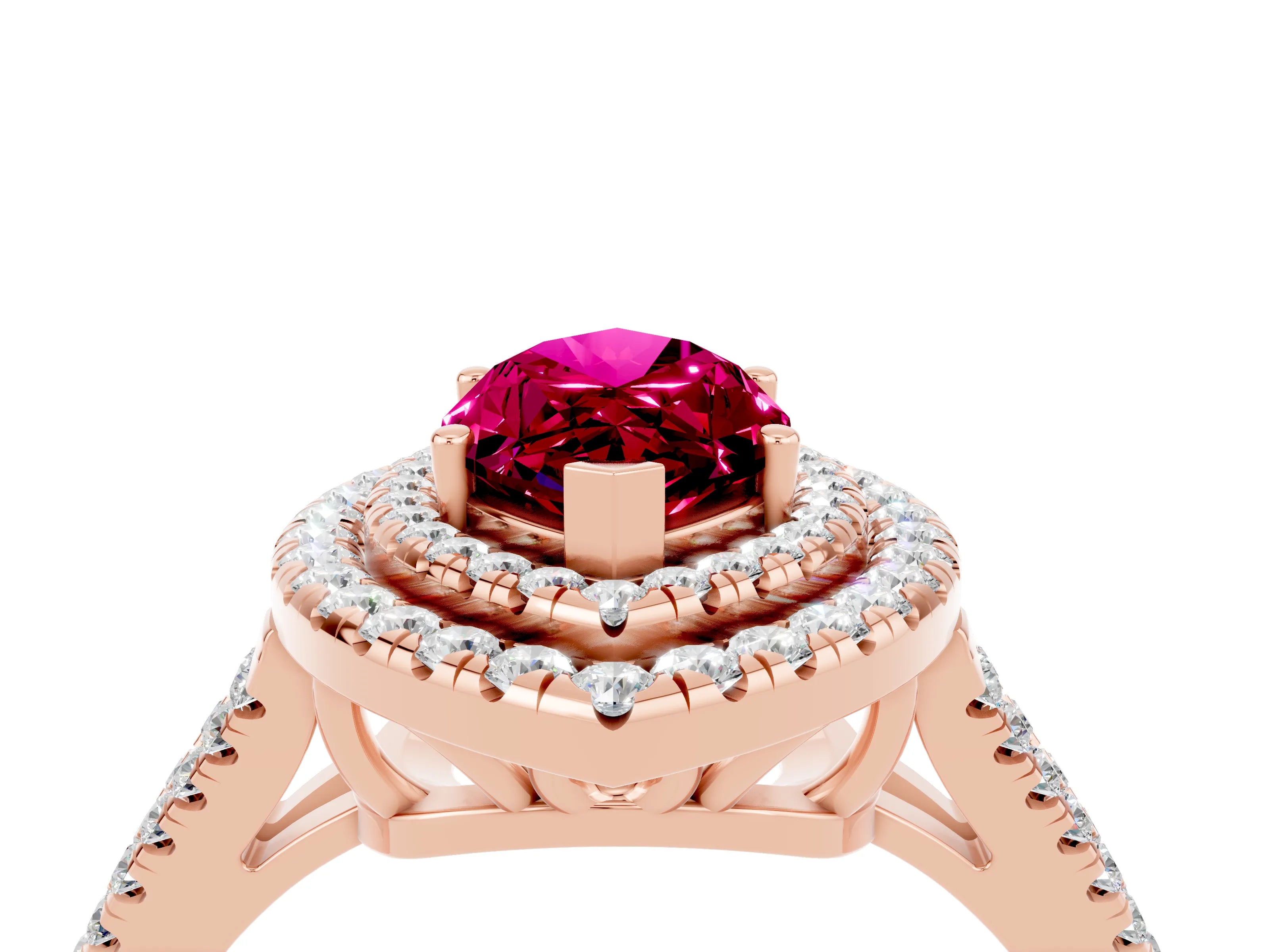 Rose gold Marquise Cut Garnet Double Halo Ring with Pavé Band and Prong Setting_16