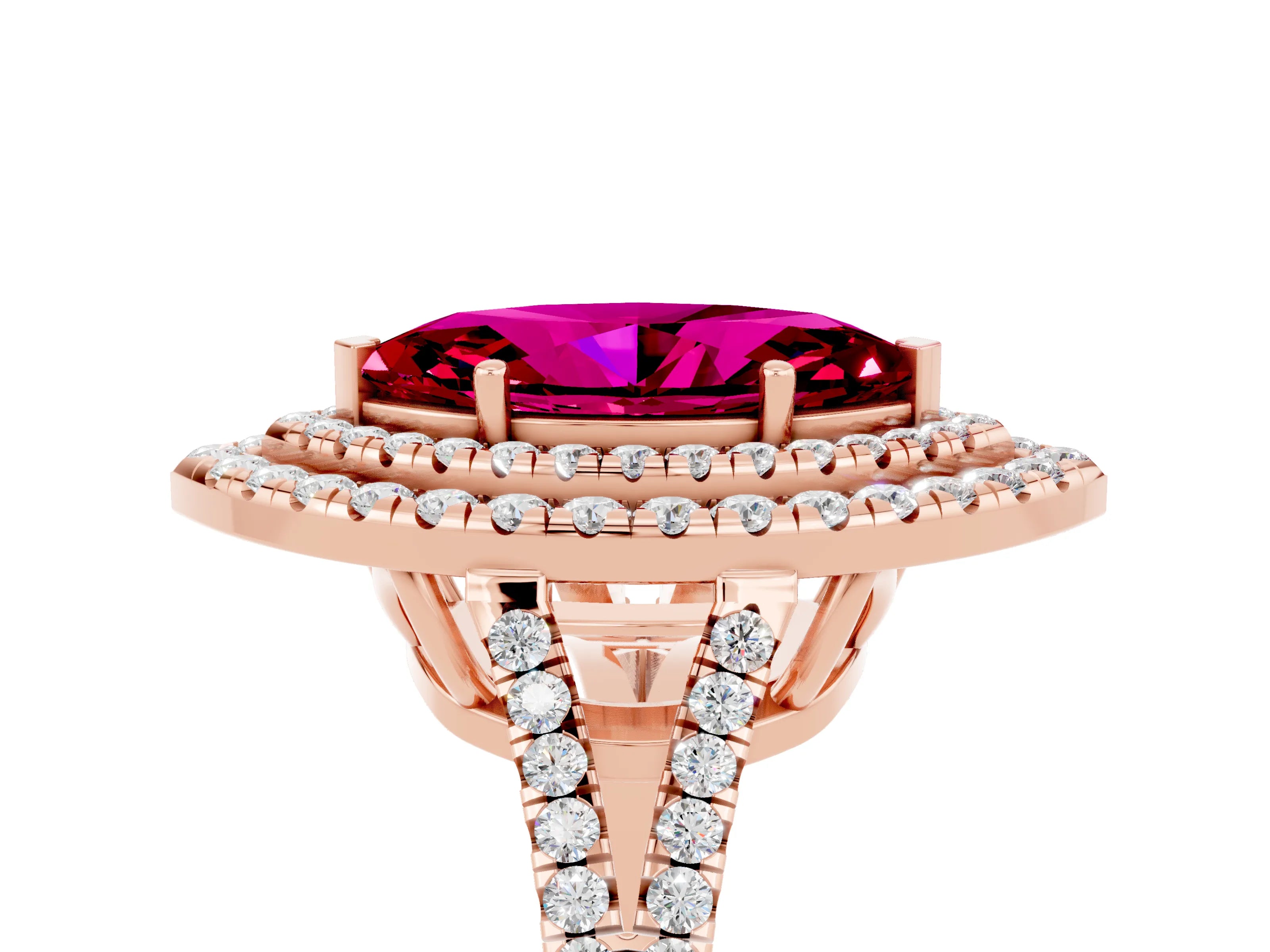 Rose gold Marquise Cut Garnet Double Halo Ring with Pavé Band and Prong Setting_17