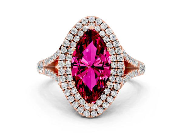 Rose gold Marquise Cut Garnet Double Halo Ring with Split Shank and Prong Setting