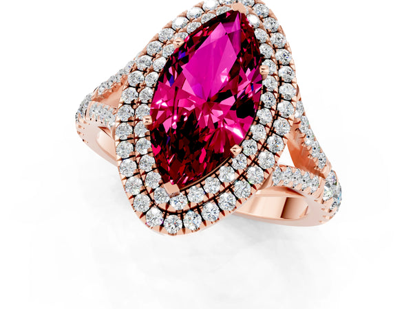 Rose gold Marquise Cut Garnet Double Halo Ring with Split Shank and Prong Setting
