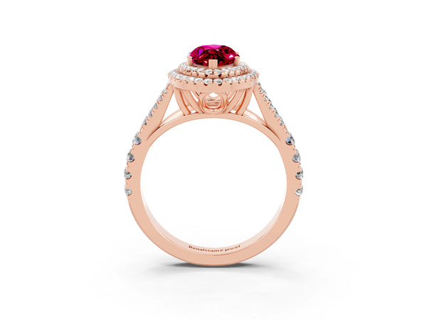 Rose gold Marquise Cut Garnet Double Halo Ring with Split Shank and Prong Setting