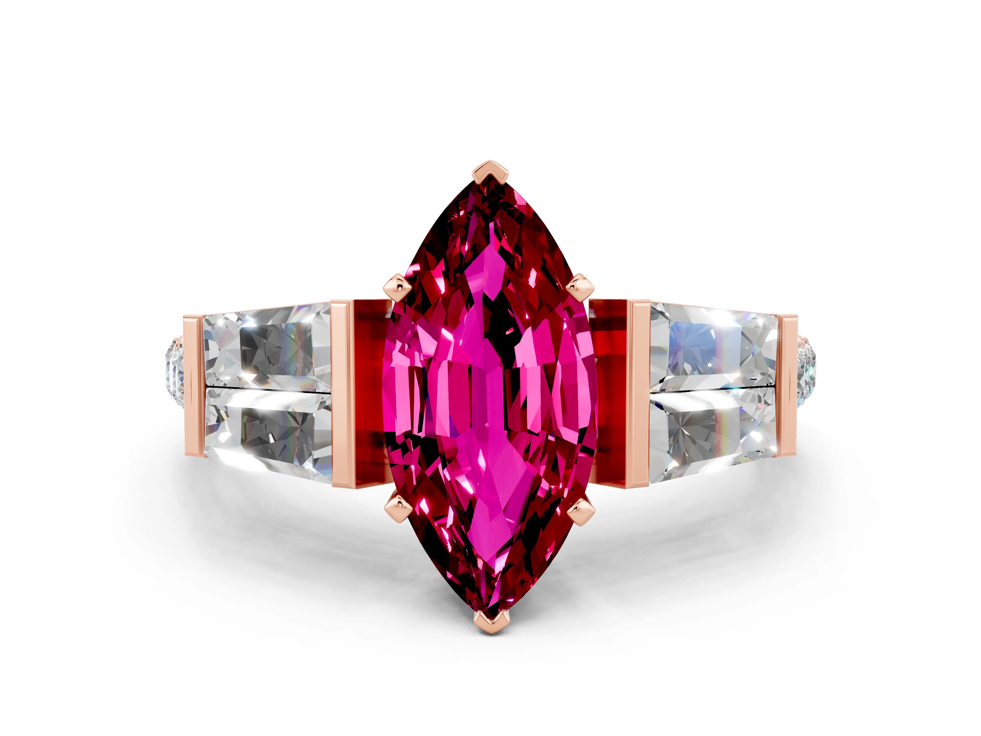Rose gold Marquise Cut Garnet Engagement Ring with Baguette Side Stones and Channel Set Band
