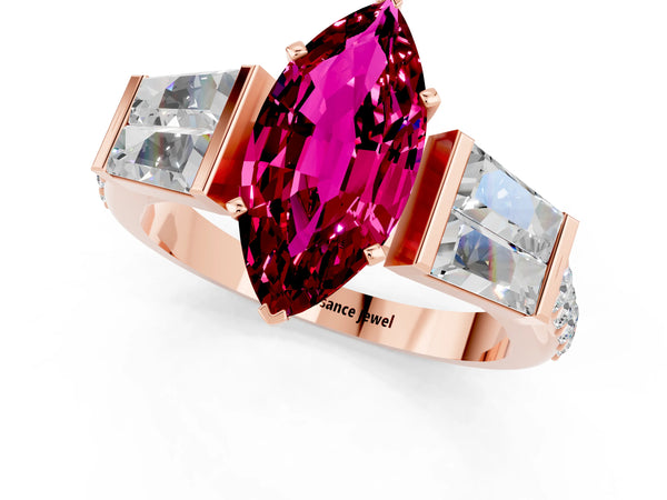 Rose gold Marquise Cut Garnet Engagement Ring with Baguette Side Stones and Channel Set Band