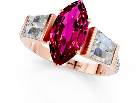 Rose gold Marquise Cut Garnet Engagement Ring with Baguette Side Stones and Channel Set Band_1