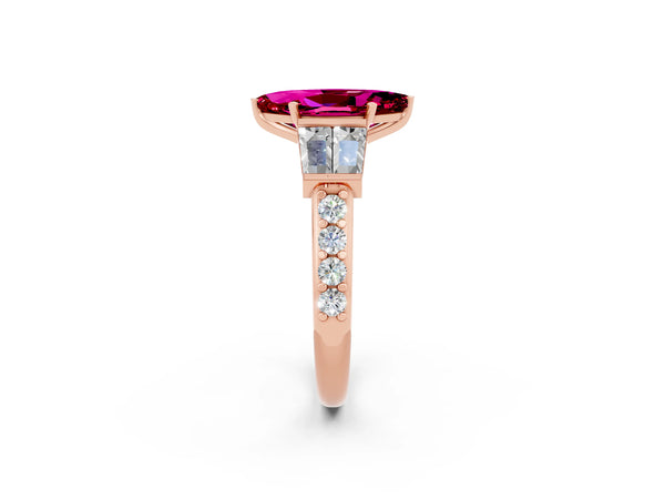 Rose gold Marquise Cut Garnet Engagement Ring with Baguette Side Stones and Channel Set Band