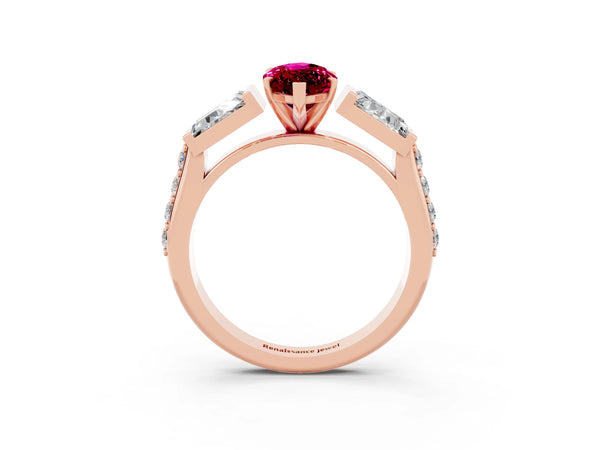 Rose gold Marquise Cut Garnet Engagement Ring with Baguette Side Stones and Channel Set Band