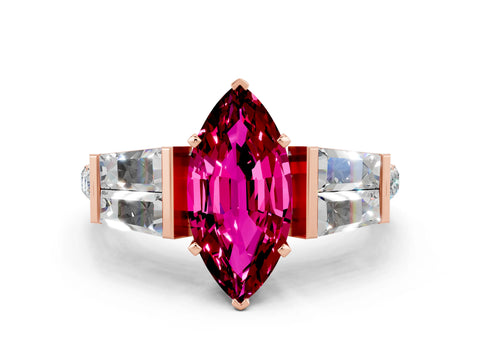 Rose gold Marquise Cut Garnet Engagement Ring with Baguette Side Stones and Channel Set Band
