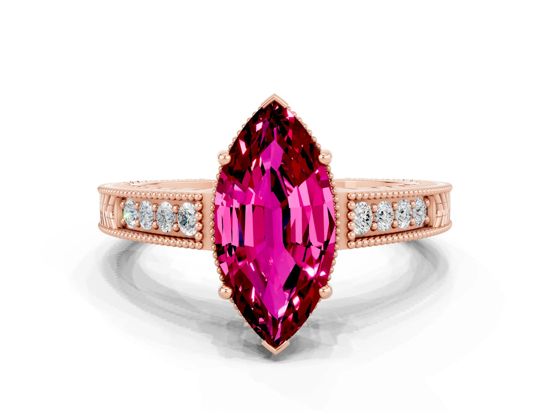 Rose gold Marquise Cut Garnet Engagement Ring with Milgrain Channel Set Band and Prong Setting