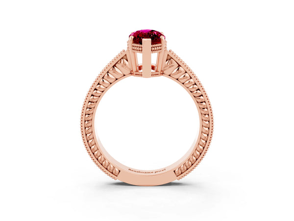 Rose gold Marquise Cut Garnet Engagement Ring with Milgrain Channel Set Band and Prong Setting