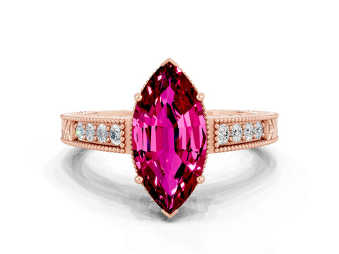 Rose gold Marquise Cut Garnet Engagement Ring with Milgrain Channel Set Band and Prong Setting