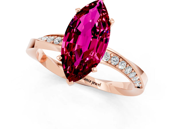 Rose gold Marquise Cut Garnet Engagement Ring with Side Stone Accents and Four-Prong Setting