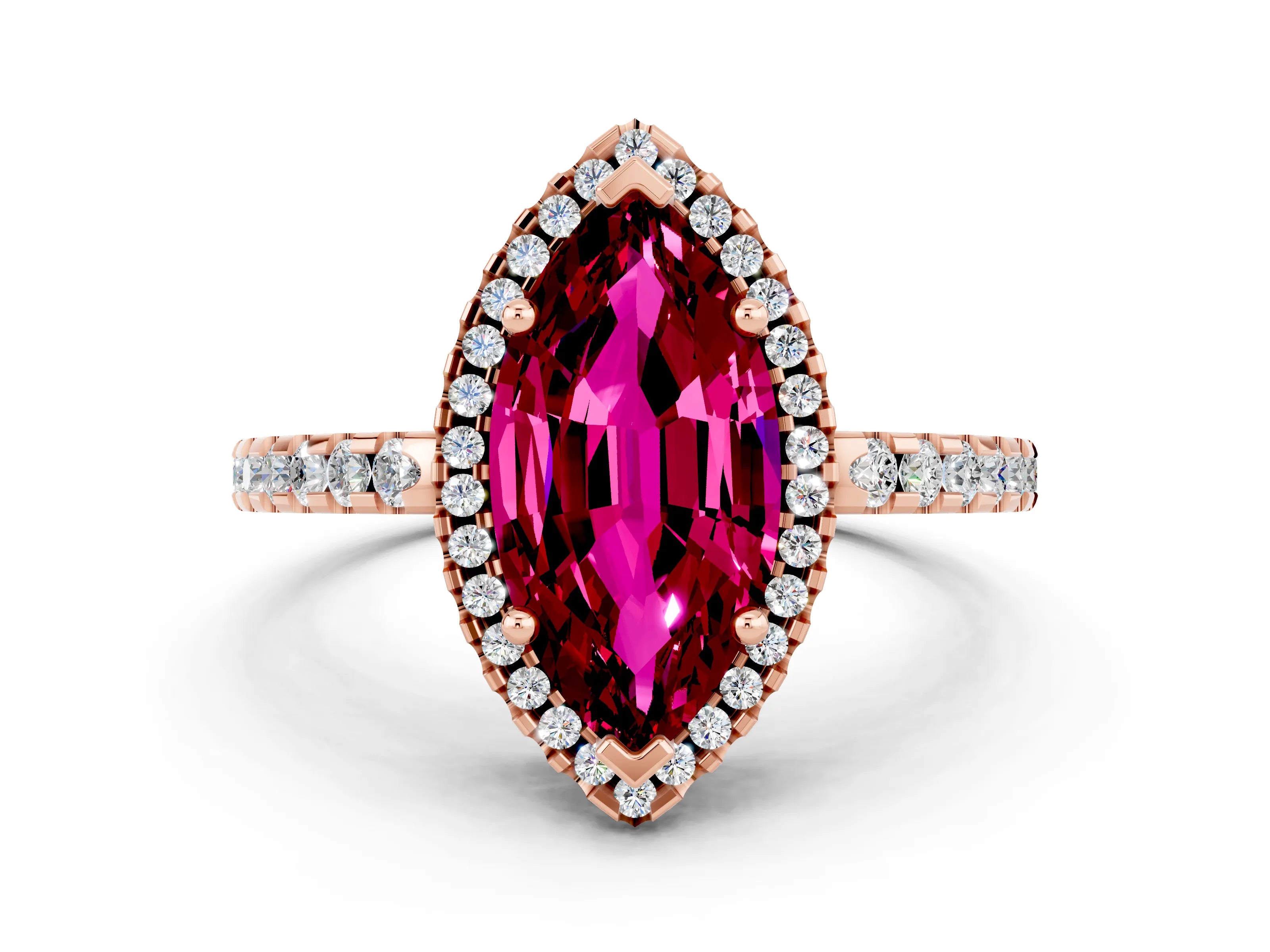 Rose gold Marquise Cut Garnet Halo Engagement Ring with Pavé Band and Prong Setting_12