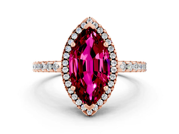 Rose gold Marquise Cut Garnet Halo Engagement Ring with Pavé Band and Prong Setting