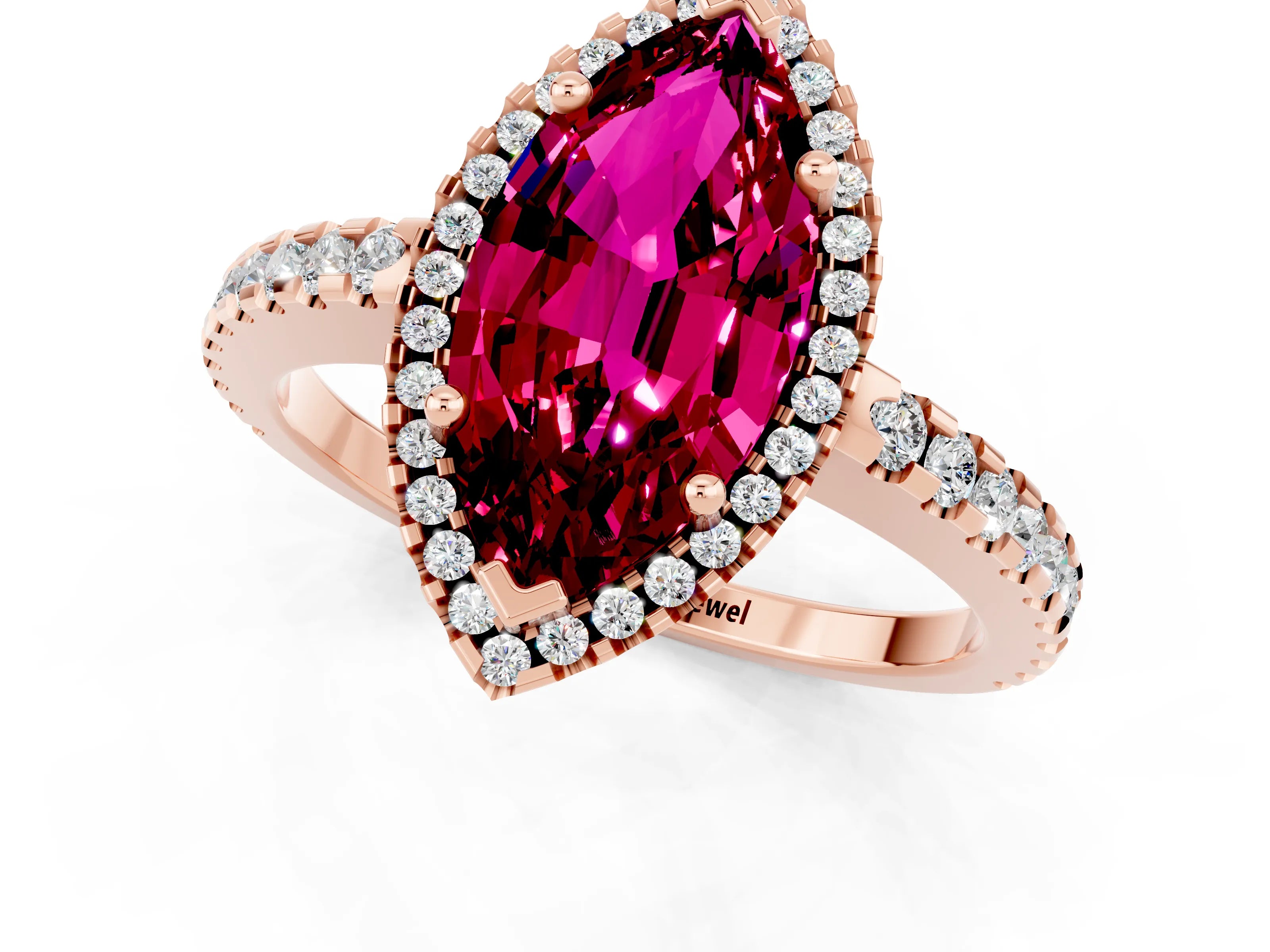Rose gold Marquise Cut Garnet Halo Engagement Ring with Pavé Band and Prong Setting_13