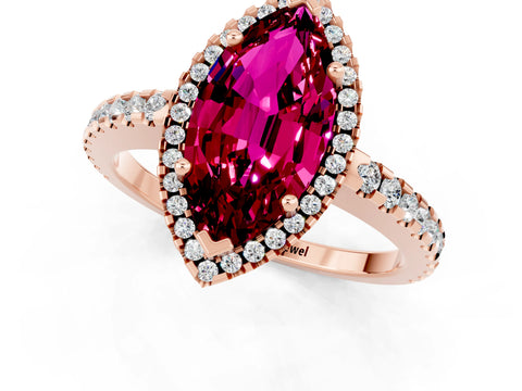 Rose gold Marquise Cut Garnet Halo Engagement Ring with Pavé Band and Prong Setting_13