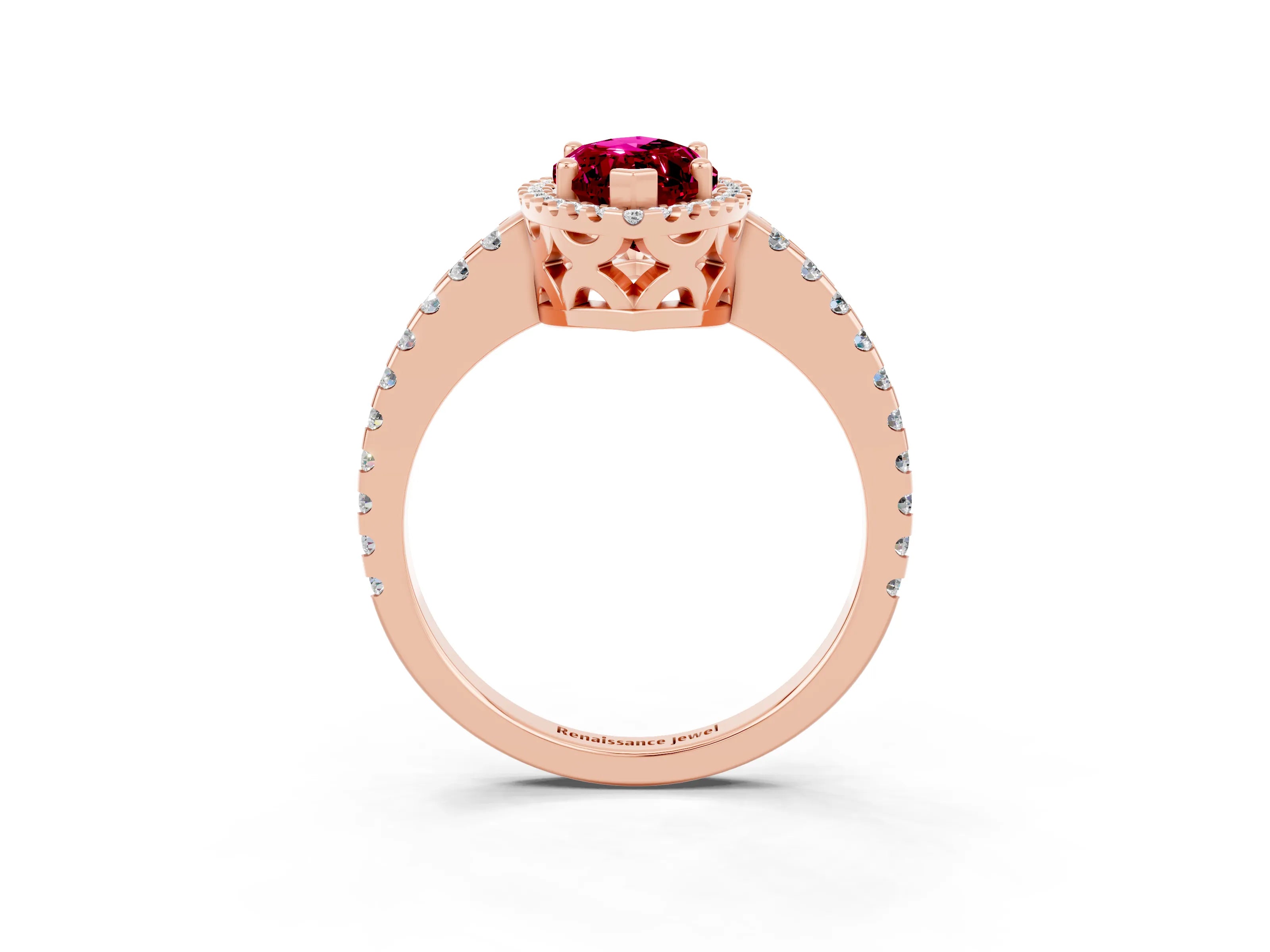 Rose gold Marquise Cut Garnet Halo Engagement Ring with Pavé Band and Prong Setting_15