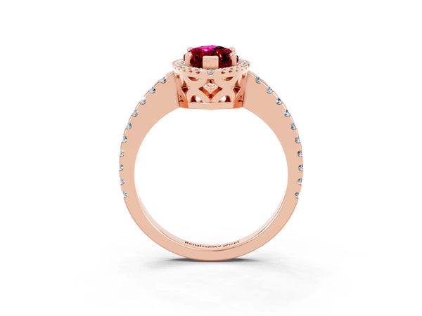 Rose gold Marquise Cut Garnet Halo Engagement Ring with Pavé Band and Prong Setting