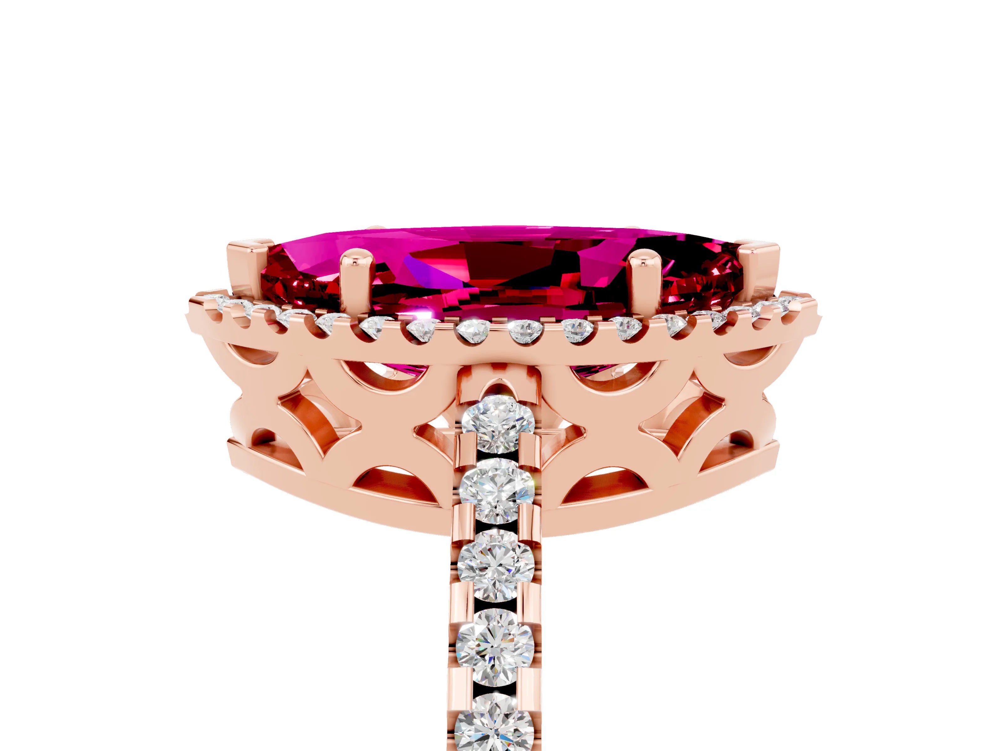 Rose gold Marquise Cut Garnet Halo Engagement Ring with Pavé Band and Prong Setting_17