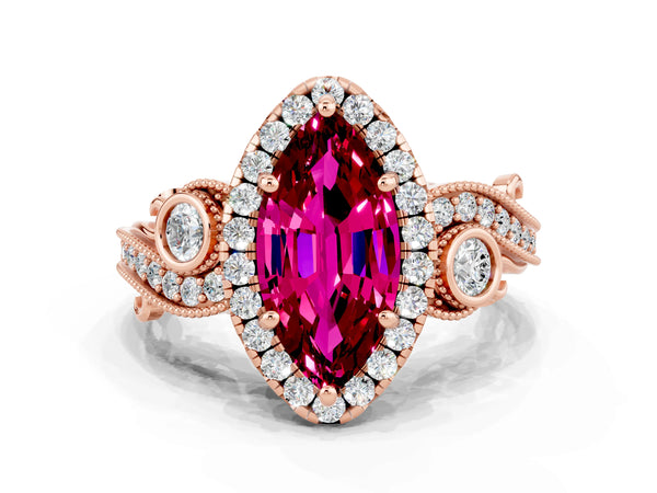Rose gold Marquise Cut Garnet Halo Ring with Milgrain Pavé Band and Four-Prong Setting