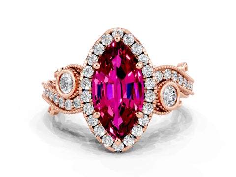 Rose gold Marquise Cut Garnet Halo Ring with Milgrain Pavé Band and Four-Prong Setting_12