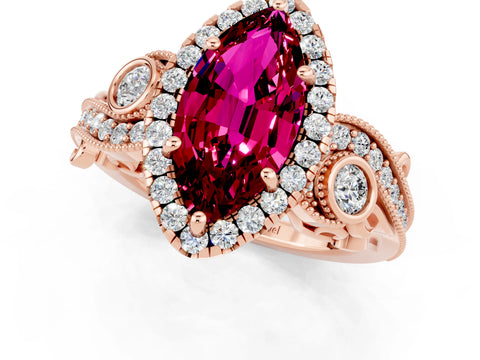 Rose gold Marquise Cut Garnet Halo Ring with Milgrain Pavé Band and Four-Prong Setting_13